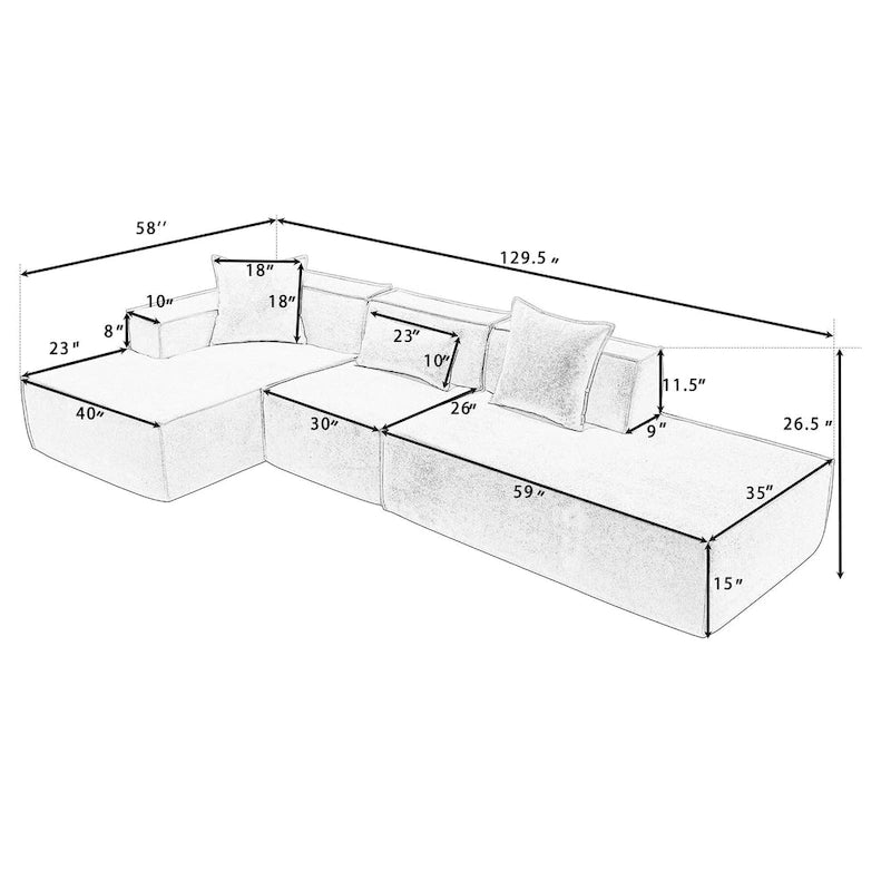 Canapé modulable 4 places en L avec méridienne, style minimaliste