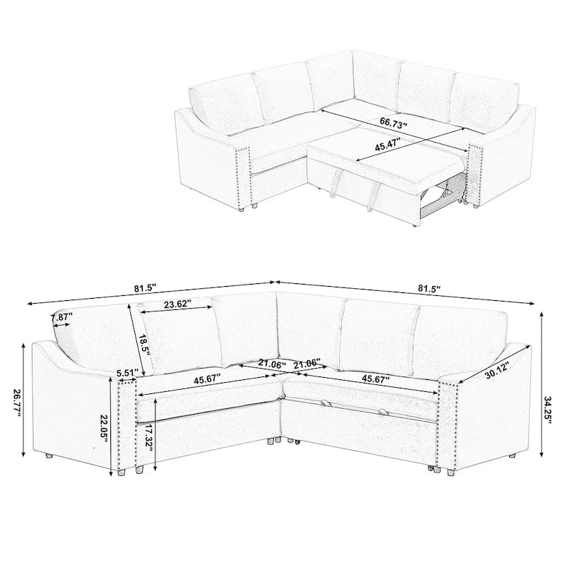 Canapé d'angle en L 5 places avec lit gigogne et 6 coussins