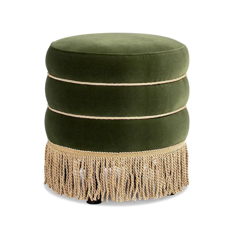 Pouf rond tapissé avec franges en fil doré