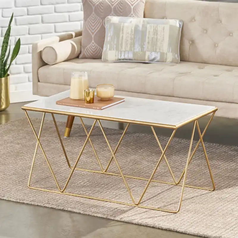 Table basse à plateau en marbre faite à la main, style glamour moderne