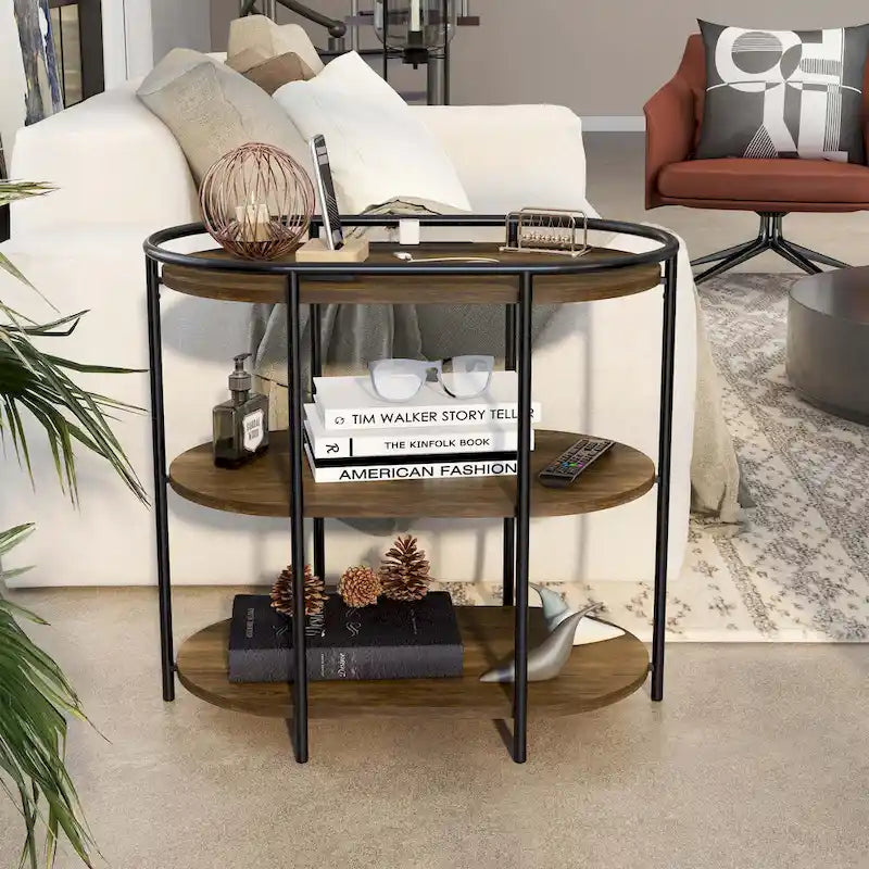 Table d'appoint industrielle en acier marron à 3 niveaux avec ports USB et prises