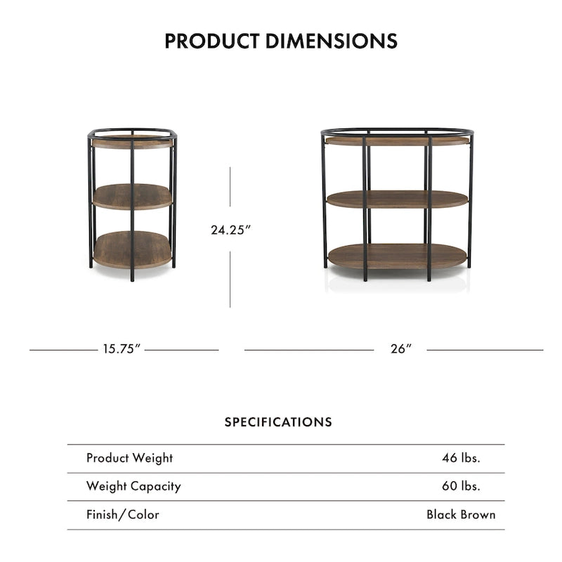Table d'appoint industrielle en acier marron à 3 niveaux avec ports USB et prises