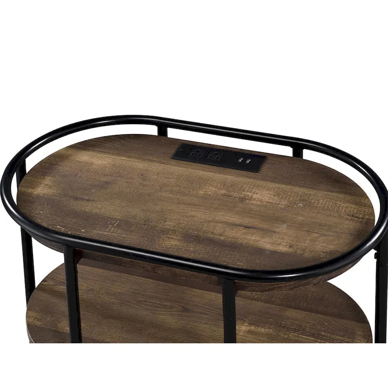Table d'appoint industrielle en acier marron à 3 niveaux avec ports USB et prises