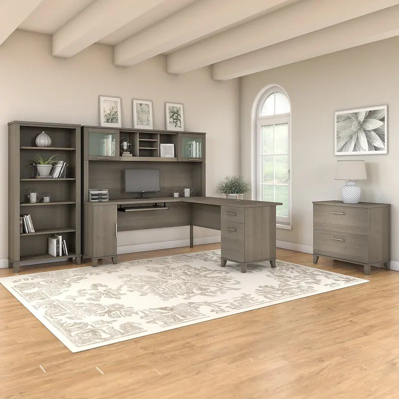 Bureau d'angle avec huche, armoire et bibliothèque intégré(e) en