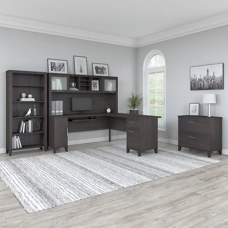 Bureau d'angle avec huche, armoire et bibliothèque intégré(e) en