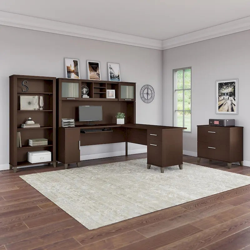 Bureau d'angle avec huche, armoire et bibliothèque intégré(e) en