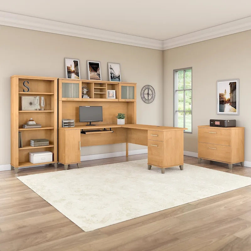 Bureau d'angle avec huche, armoire et bibliothèque intégré(e) en