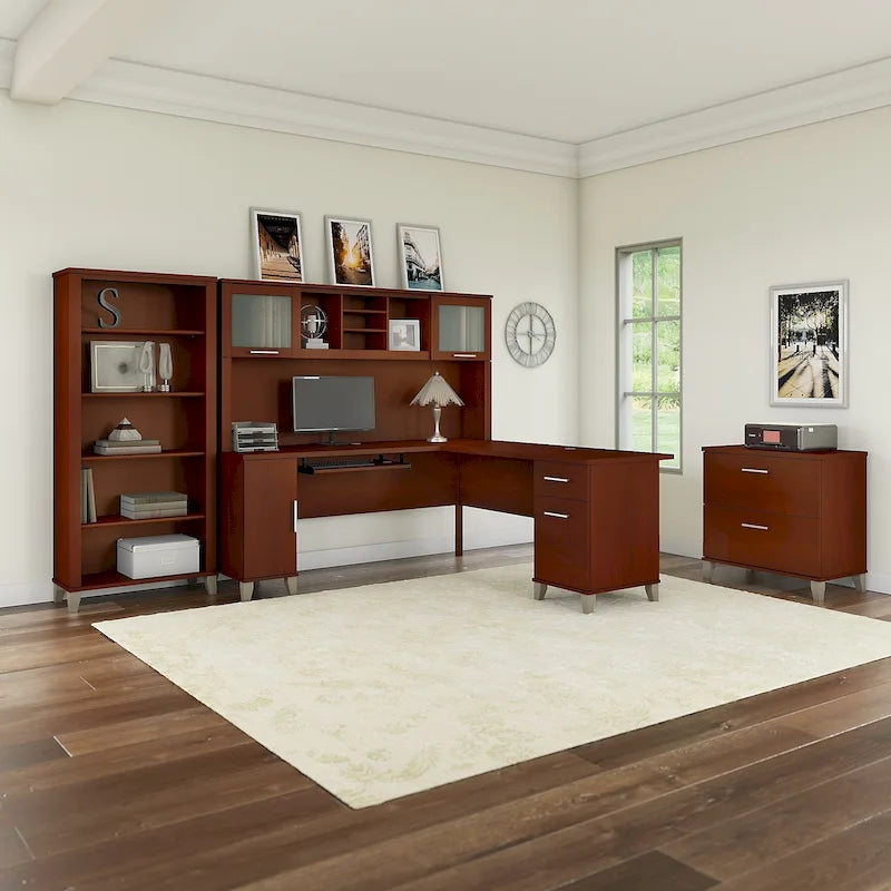 Bureau d'angle avec huche, armoire et bibliothèque intégré(e) en