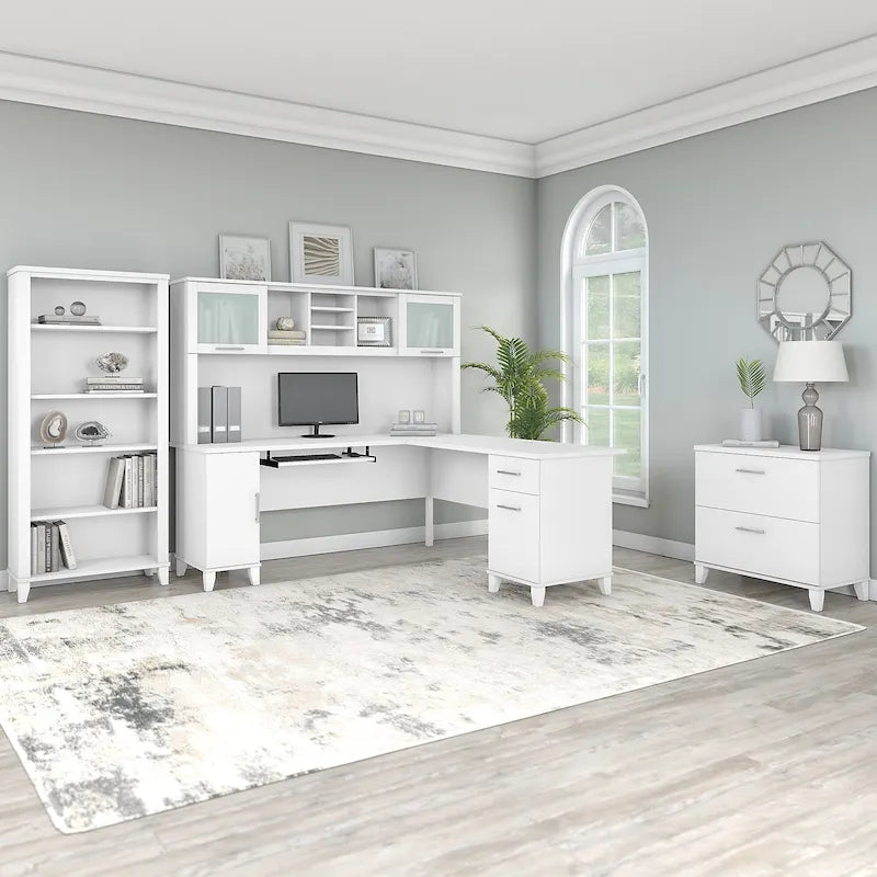 Bureau d'angle avec huche, armoire et bibliothèque intégré(e) en