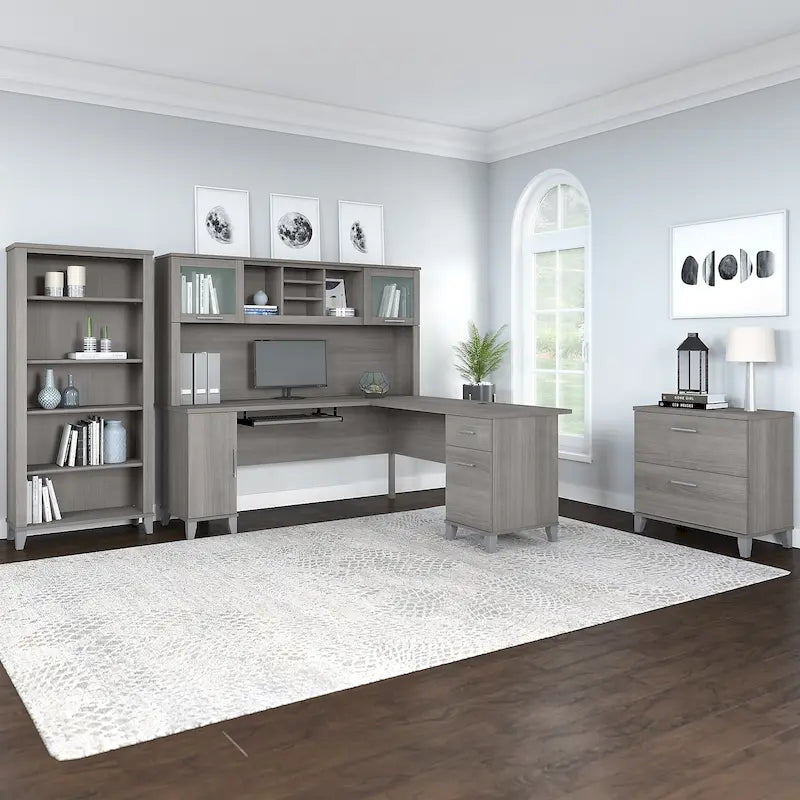 Bureau d'angle avec huche, armoire et bibliothèque intégré(e) en