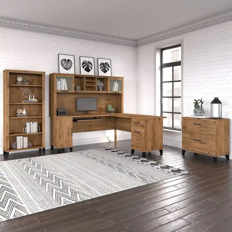 Bureau d'angle avec huche, armoire et bibliothèque intégré(e) en