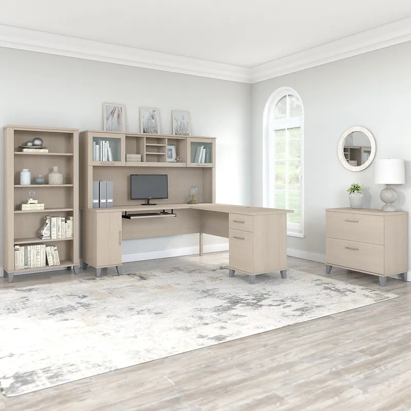 Bureau d'angle avec huche, armoire et bibliothèque intégré(e) en