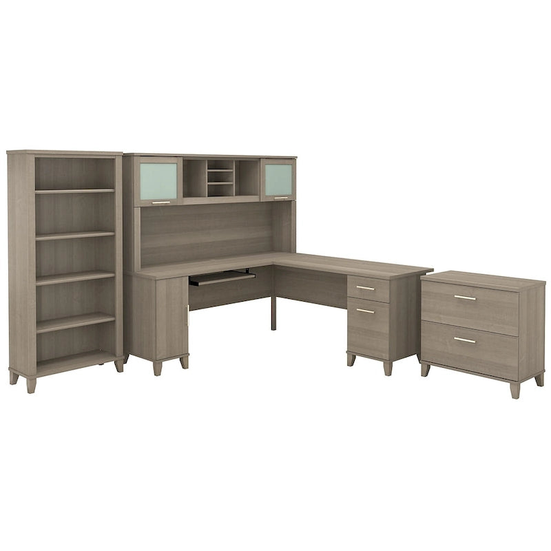 Bureau d'angle avec huche, armoire et bibliothèque intégré(e) en