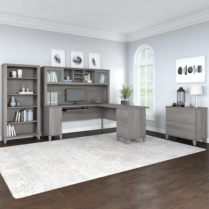 Bureau d'angle avec huche, armoire et bibliothèque intégré(e) en