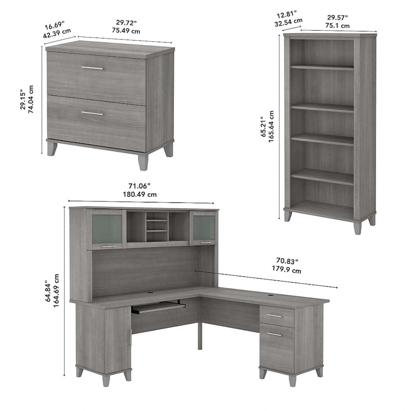 Bureau d'angle avec huche, armoire et bibliothèque intégré(e) en