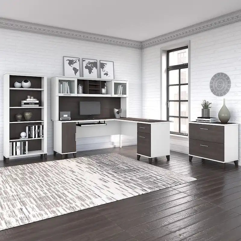 Bureau d'angle avec huche, armoire et bibliothèque intégré(e) en