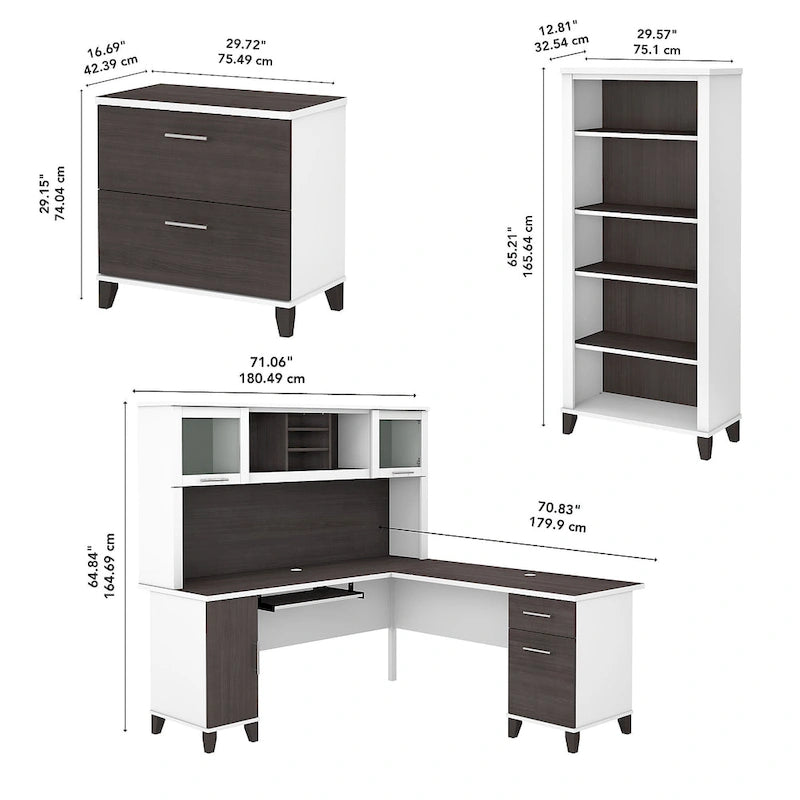 Bureau d'angle avec huche, armoire et bibliothèque intégré(e) en