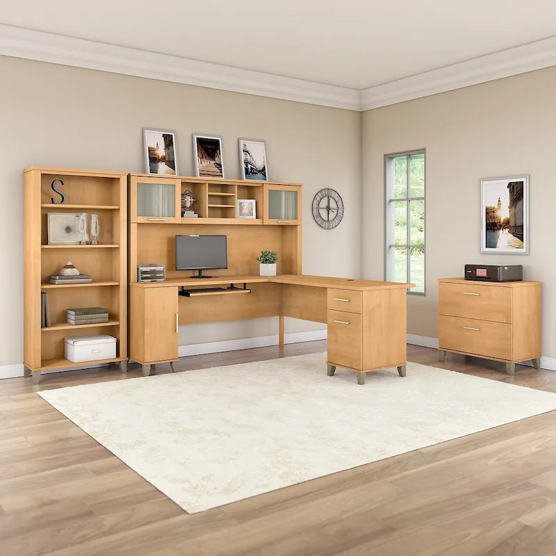 Bureau d'angle avec huche, armoire et bibliothèque intégré(e) en