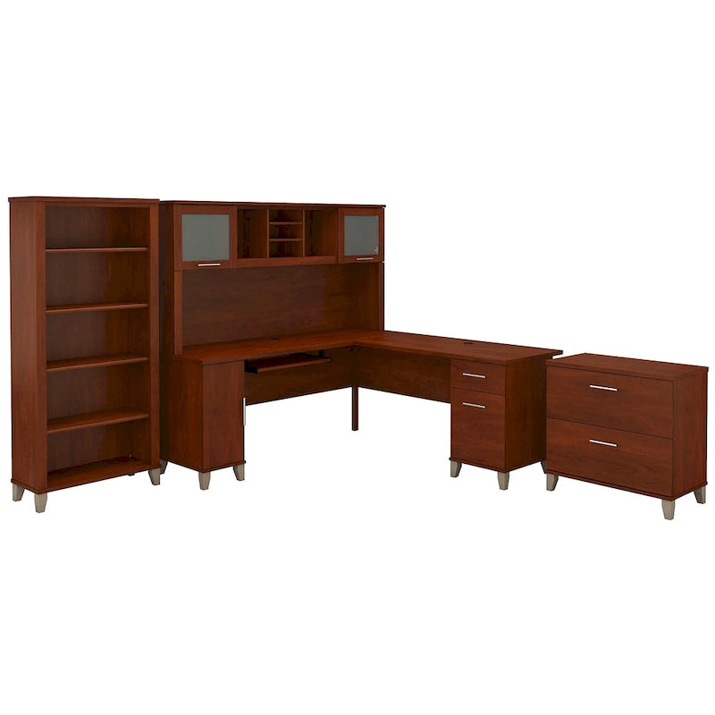 Bureau d'angle avec huche, armoire et bibliothèque intégré(e) en
