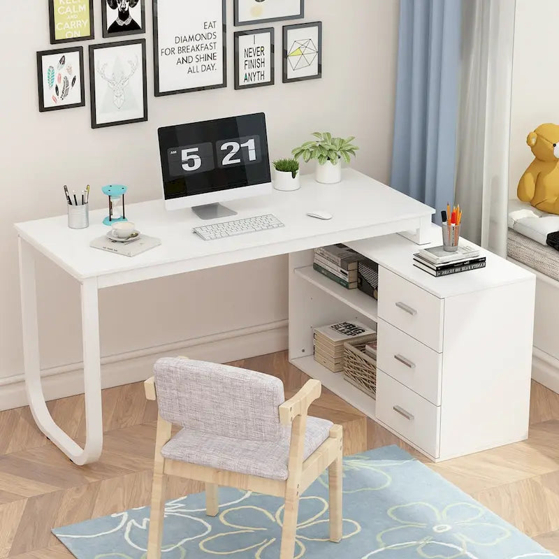 Bureau d'ordinateur en L - Poste de travail avec rangement
