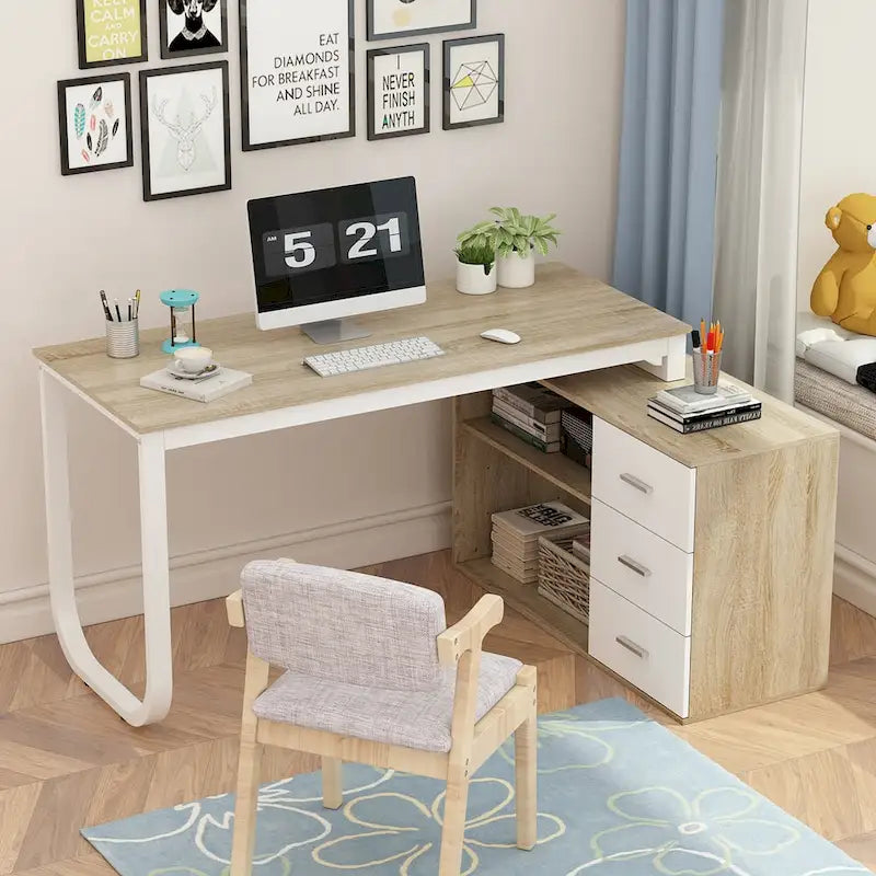 Bureau d'ordinateur en L - Poste de travail avec rangement