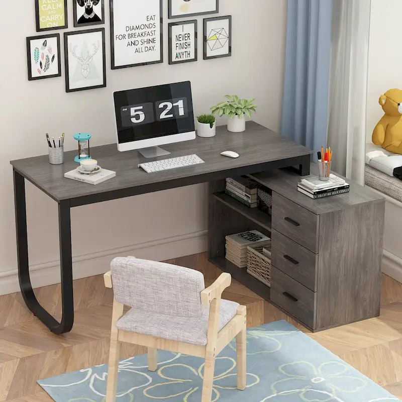 Bureau d'ordinateur en L - Poste de travail avec rangement