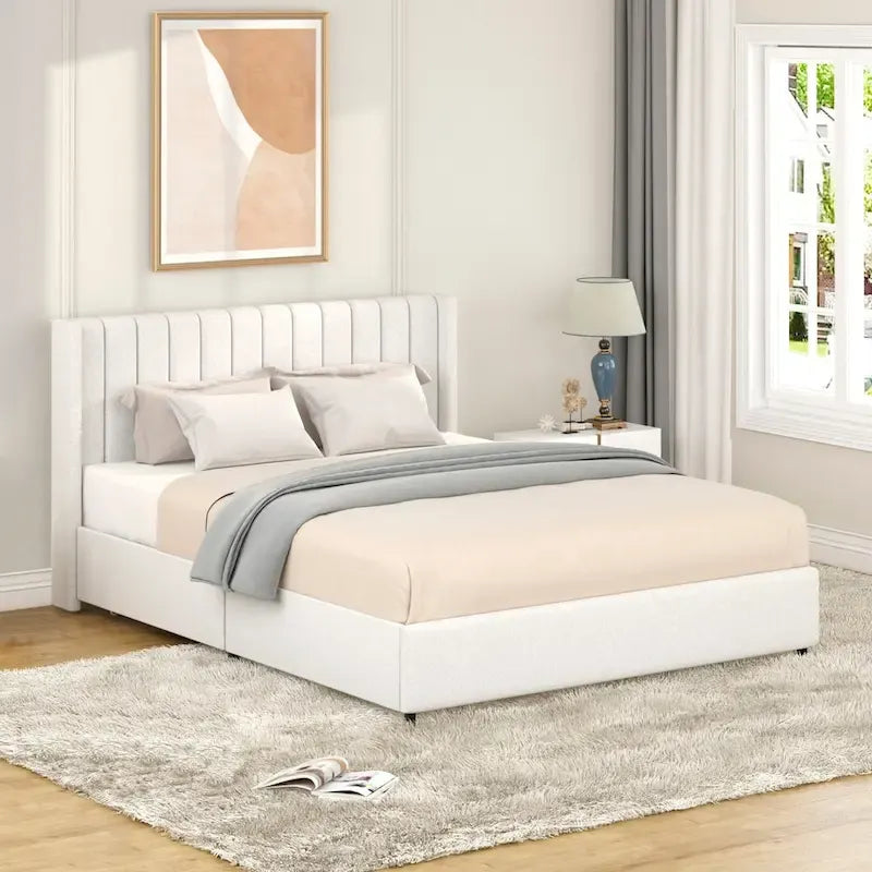 Lit plateforme rembourré en tissu bouclé avec tiroir