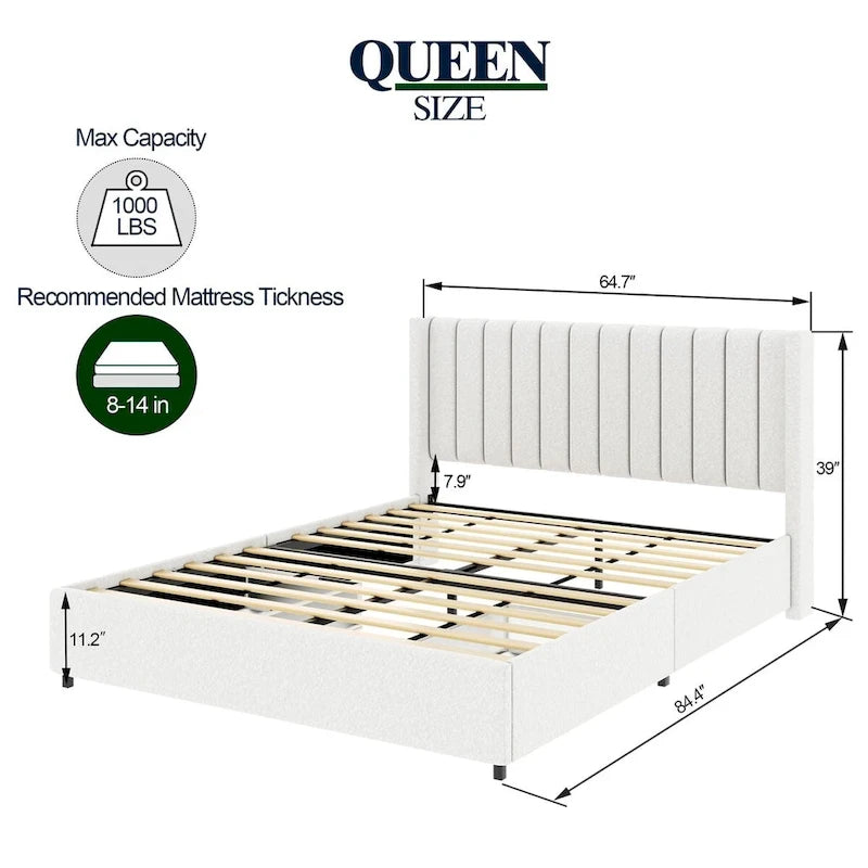 Lit plateforme rembourré en tissu bouclé avec tiroir