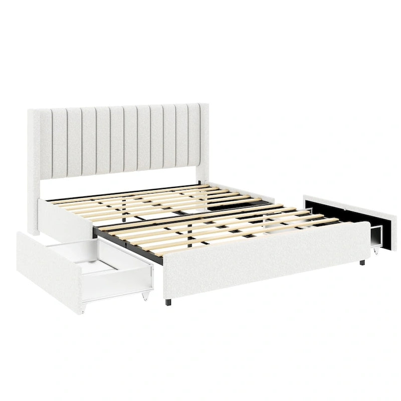 Lit plateforme rembourré en tissu bouclé avec tiroir