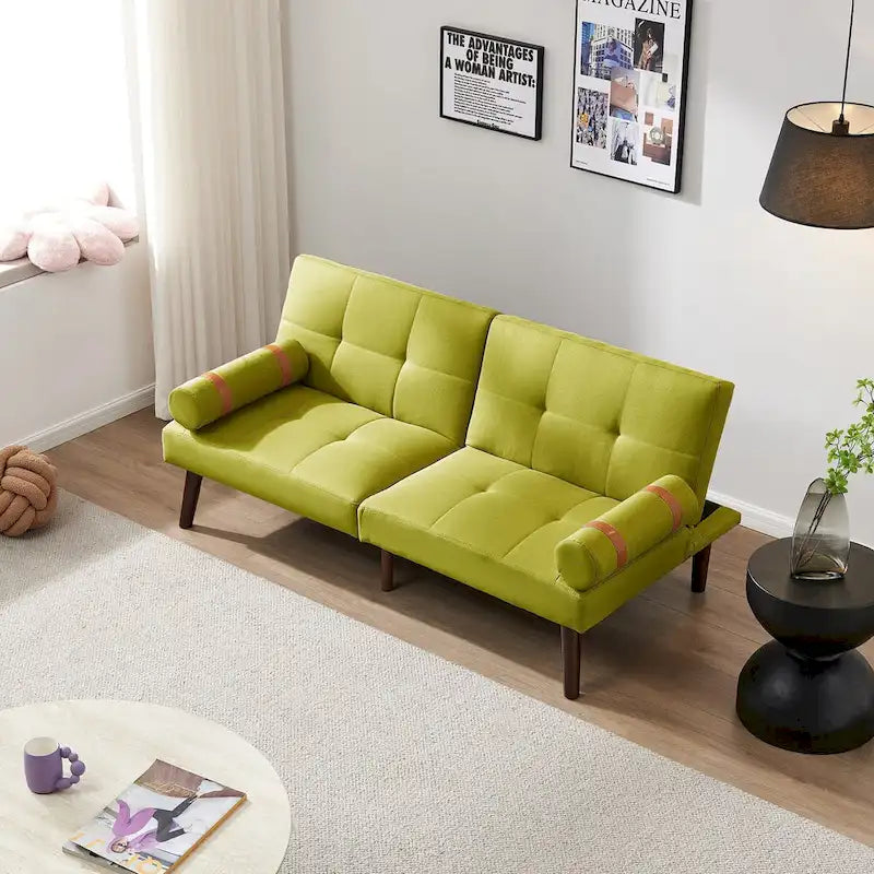 Canapé-lit convertible futon avec pieds en bois massif et revêtement en lin