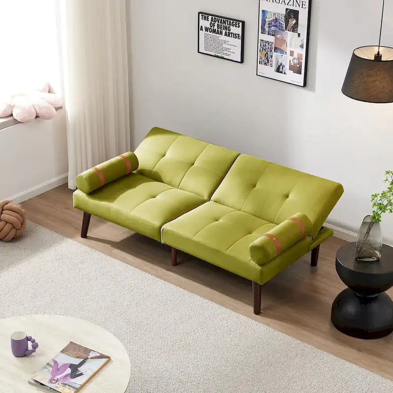 Canapé-lit convertible futon avec pieds en bois massif et revêtement en lin