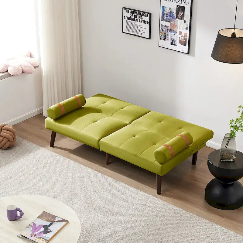 Canapé-lit convertible futon avec pieds en bois massif et revêtement en lin