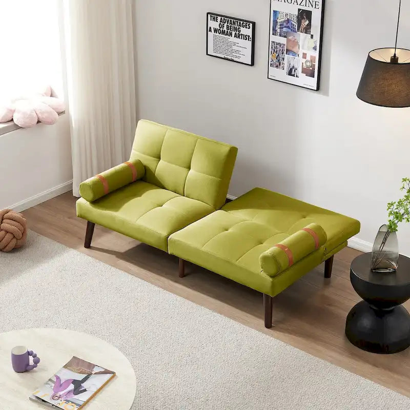 Canapé-lit convertible futon avec pieds en bois massif et revêtement en lin