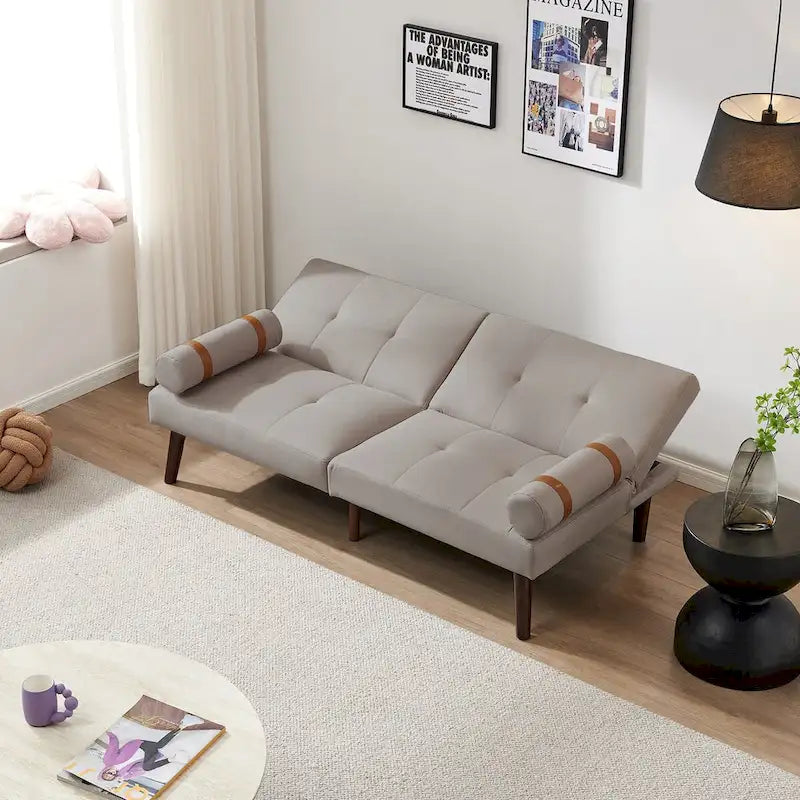 Canapé-lit convertible futon avec pieds en bois massif et revêtement en lin