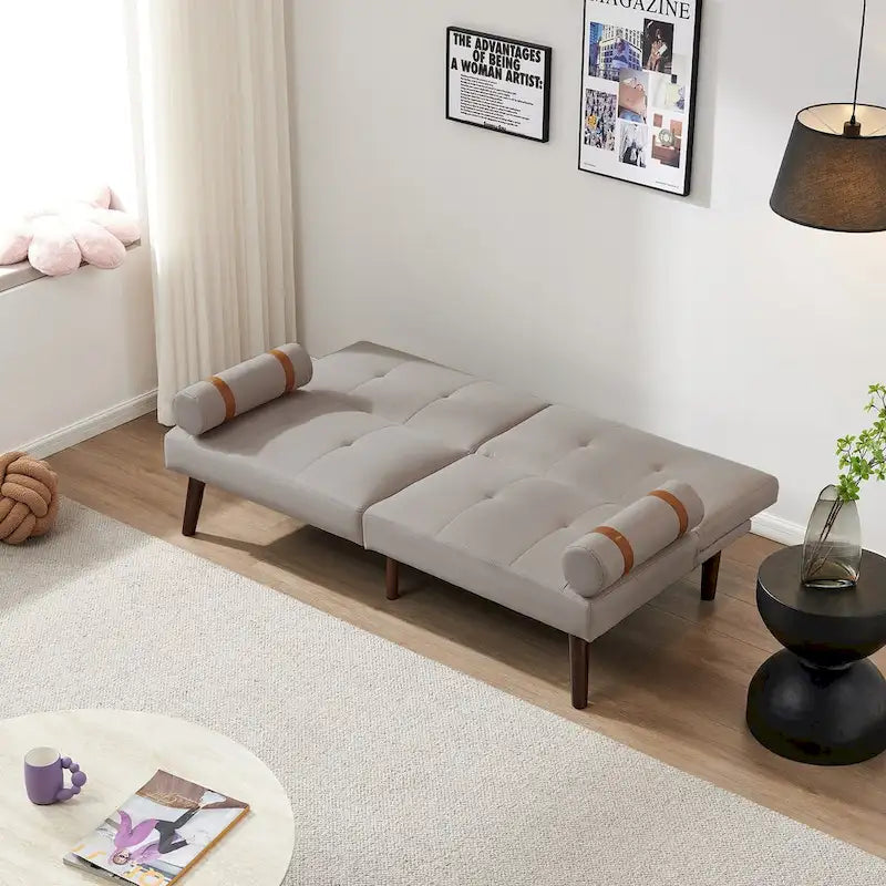 Canapé-lit convertible futon avec pieds en bois massif et revêtement en lin