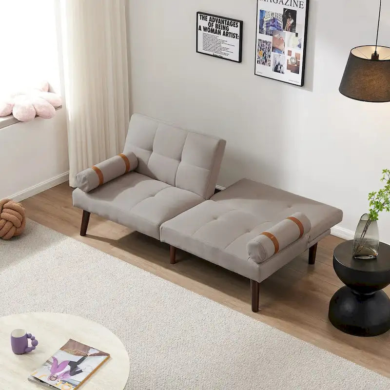 Canapé-lit convertible futon avec pieds en bois massif et revêtement en lin