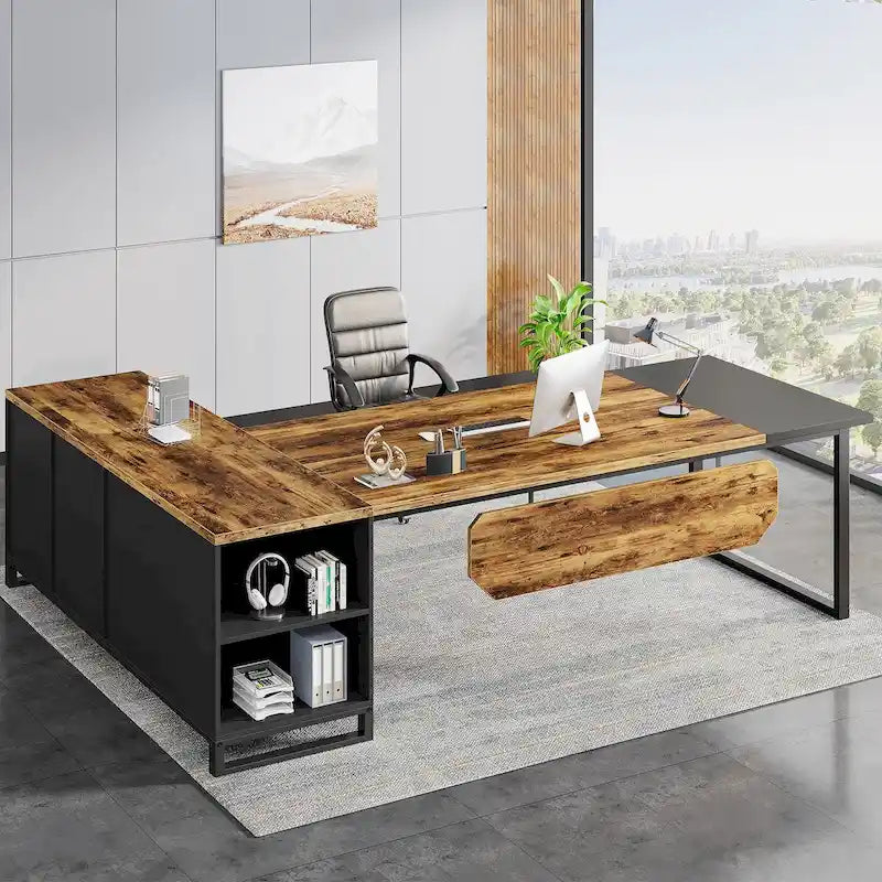 Bureau de direction avec caisson de classement, grand bureau d'angle en L pour ordinateur