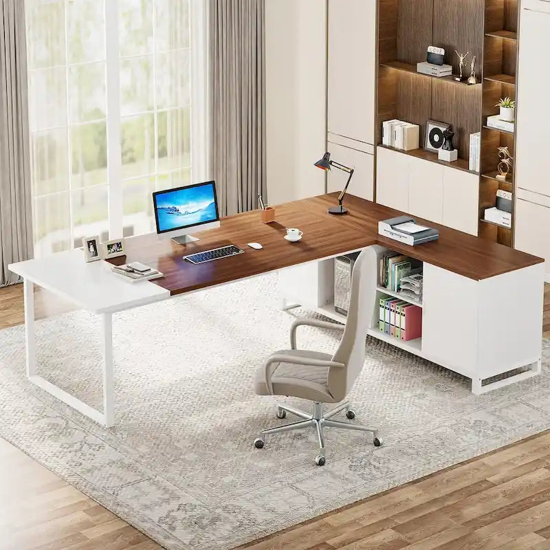 Bureau de direction avec caisson de classement, grand bureau d'angle en L pour ordinateur