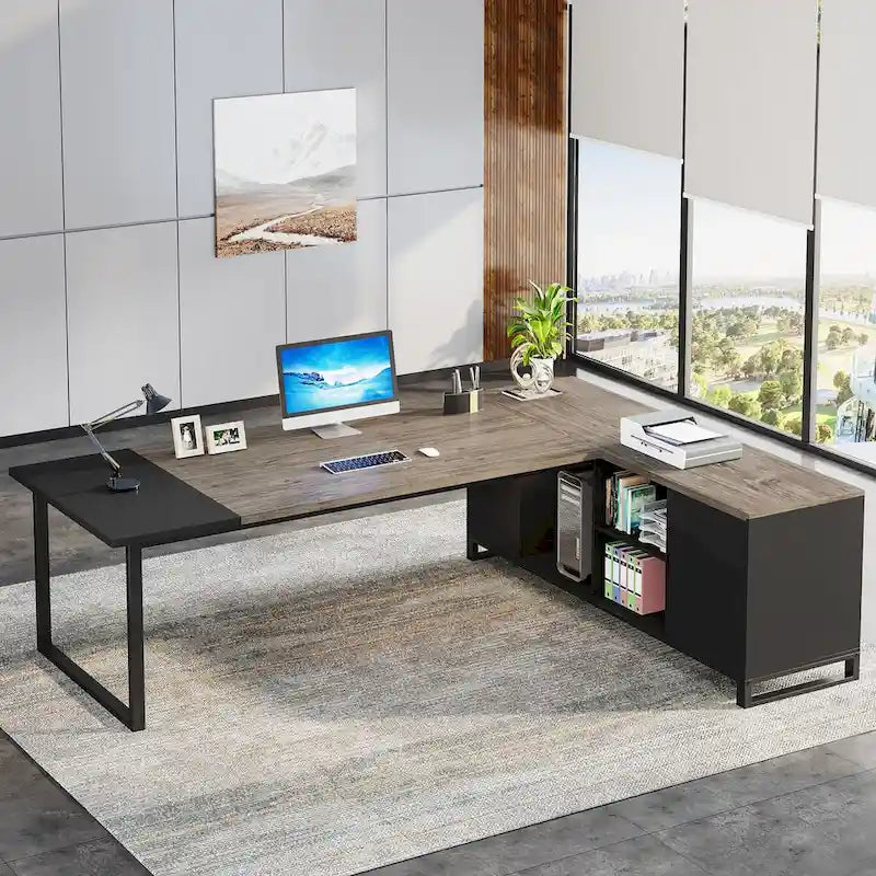 Bureau de direction avec caisson de classement, grand bureau d'angle en L pour ordinateur