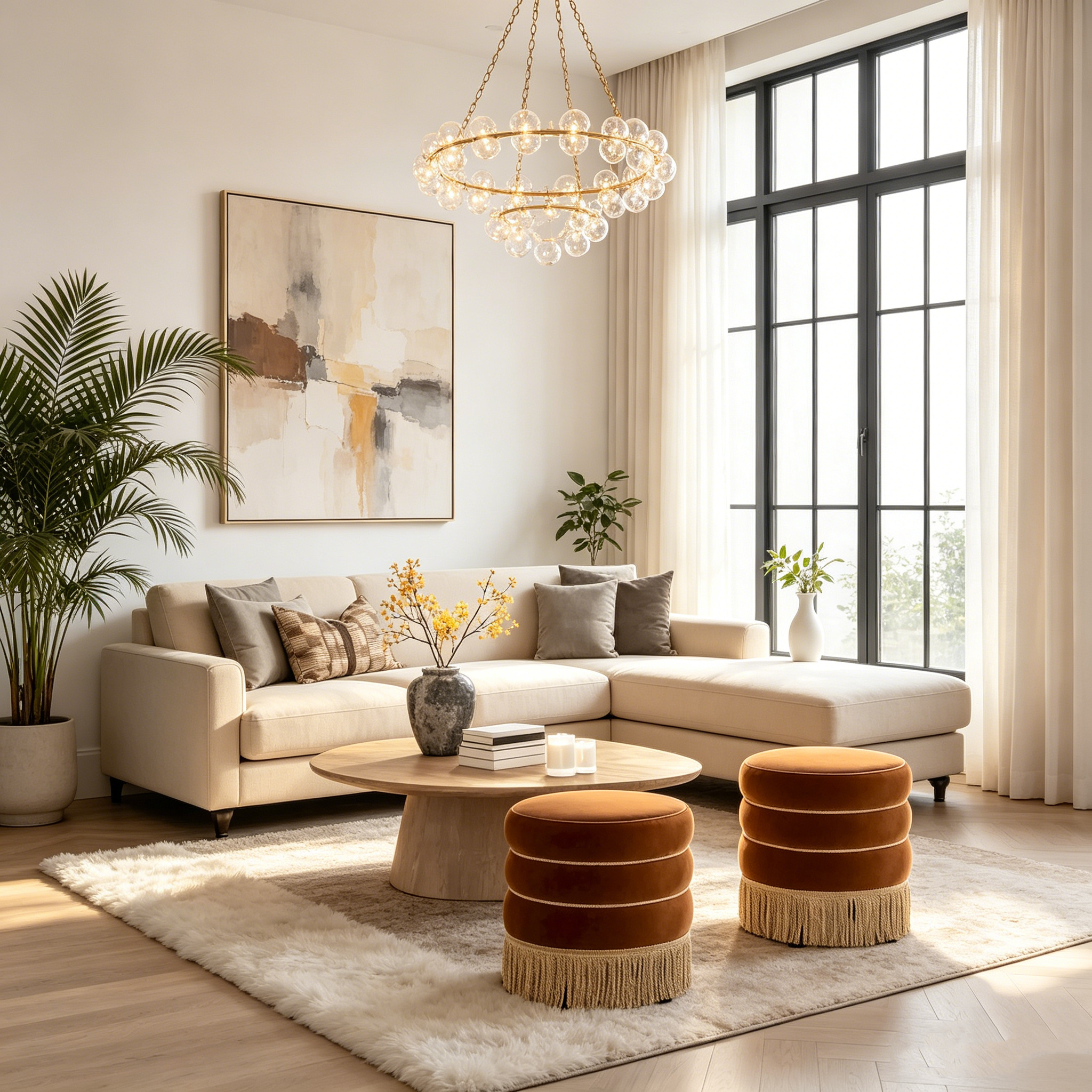 Pouf rond tapissé avec franges en fil doré